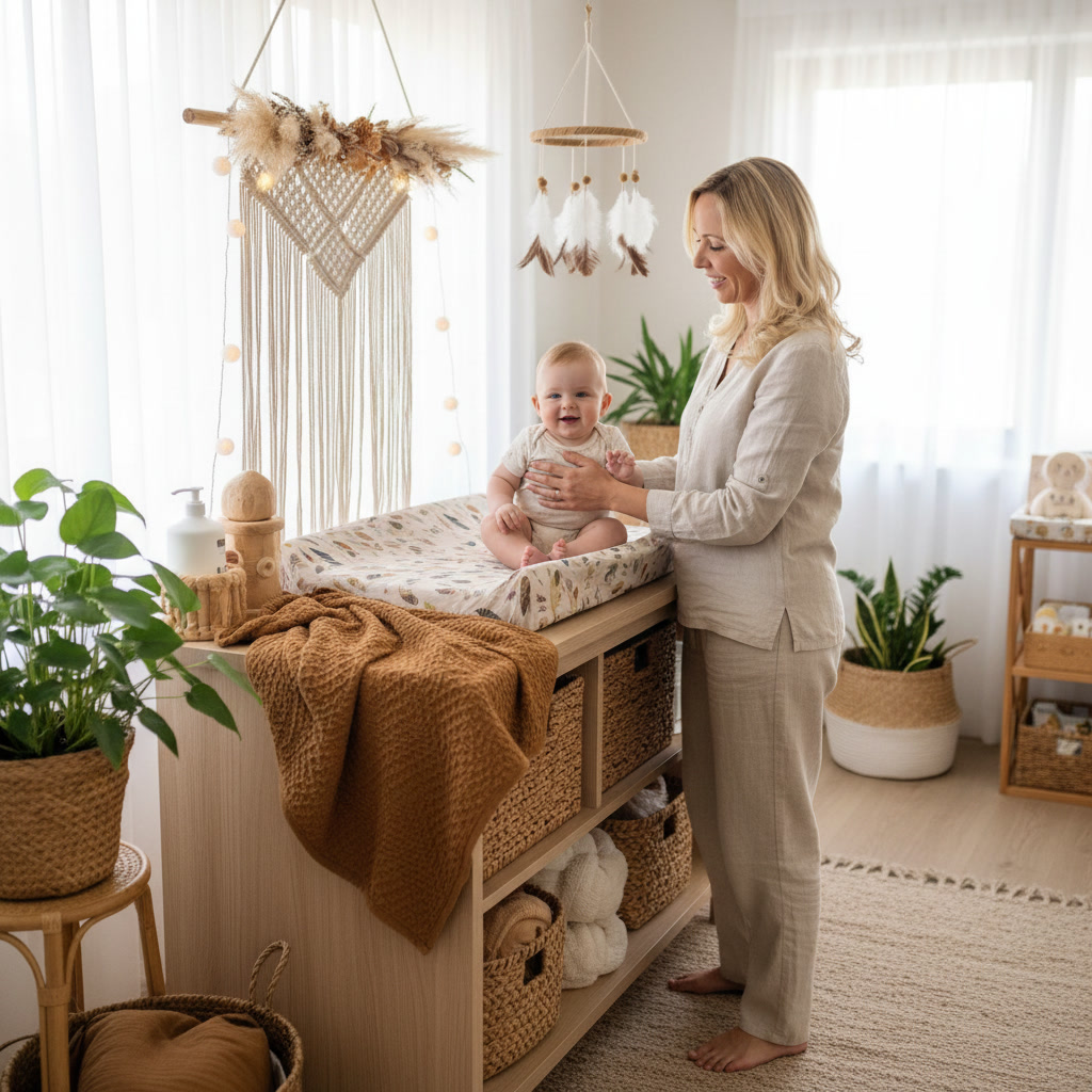 Frances Huth begleitet ein Baby an einem hellen Wickelplatz.